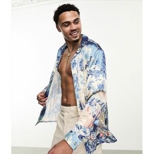 ASOS DESIGN Relaxed Camp Collar Satin LS Button-Up Shirt Asian Print Men's S